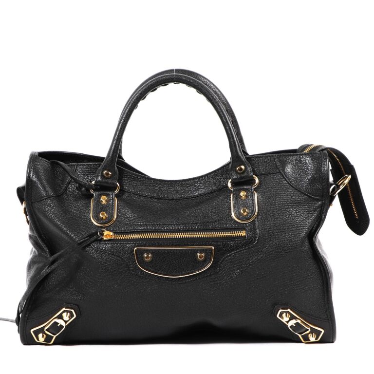 Black Goatskin Metallic Edge Classic City Top Handle Bag