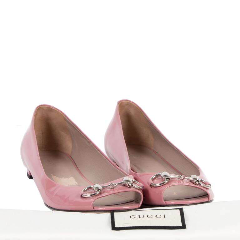 Gucci Pink Horsebit Patent Leather Open Toe Ballerina Flats