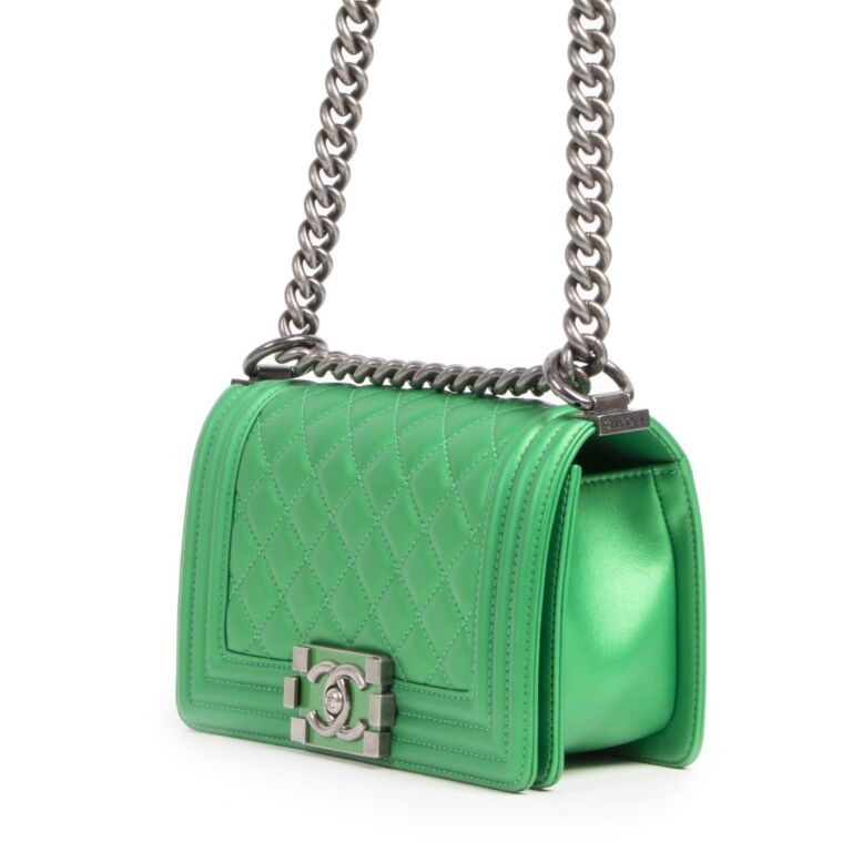  Chanel, Pre-Loved Green Quilted Lambskin Boy Bag