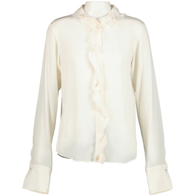 White silk ruffle blouse hotsell