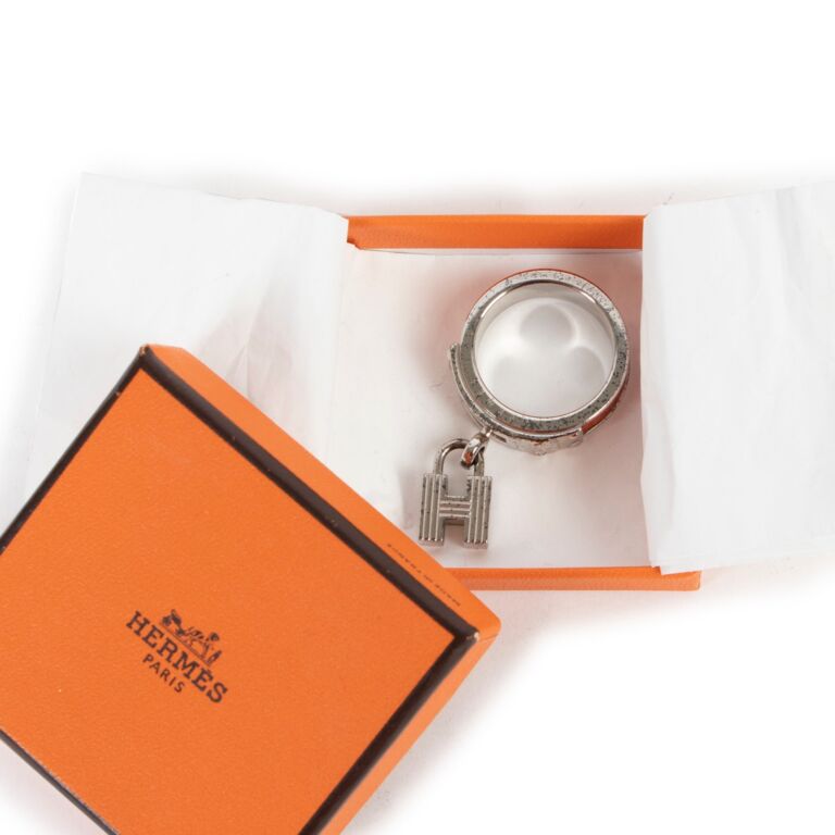 Hermès Kelly H Lizard Orange Silvertone Scarf Ring ○ Labellov