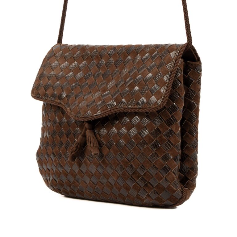 Bottega Veneta Vintage Brown Lizard Suede Intrecciato Shoulder Bag