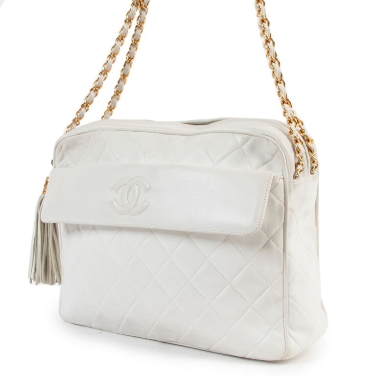 Chanel Vintage White Quilted Lambskin CC Tassel Camera Bag
