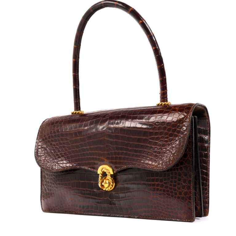 Herm s Vintage Brown Crocodile Porosus Cordeli re Clasp Handbag
