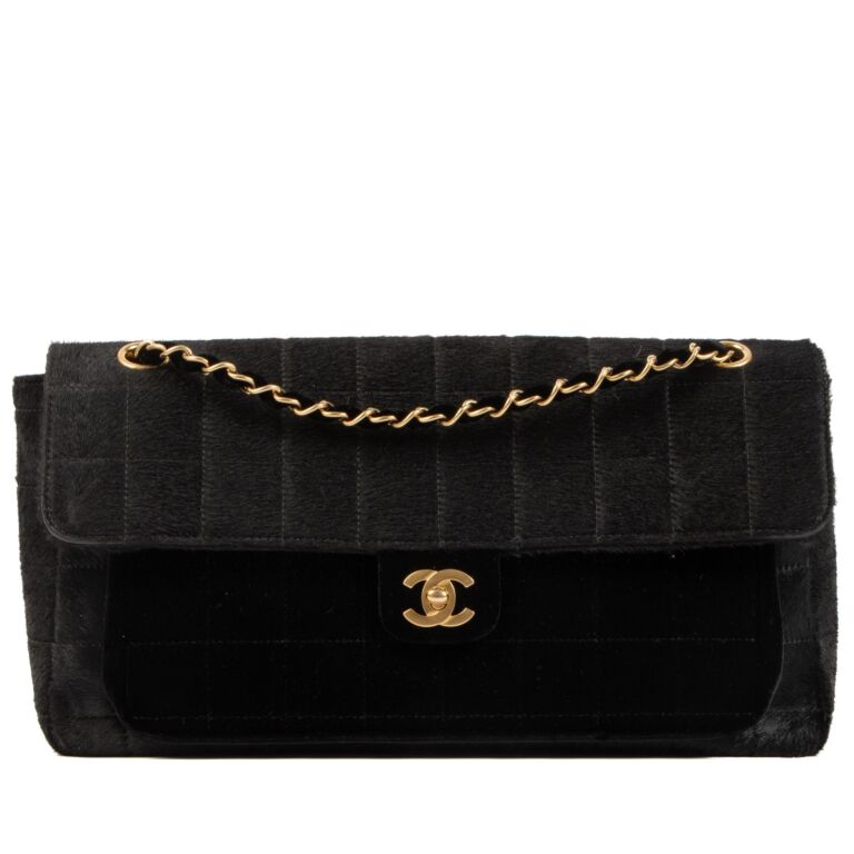 Chanel Black Velvet and Pony Hair Chocolate Bar Bag Labellov