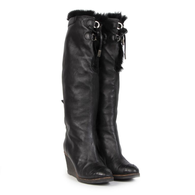 Chanel 2010s Black Leather Fur-lined Wedged Long Boots · INTO