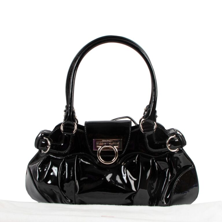 Salvatore Ferragamo Black Patent Leather Marisa Shoulder Bag