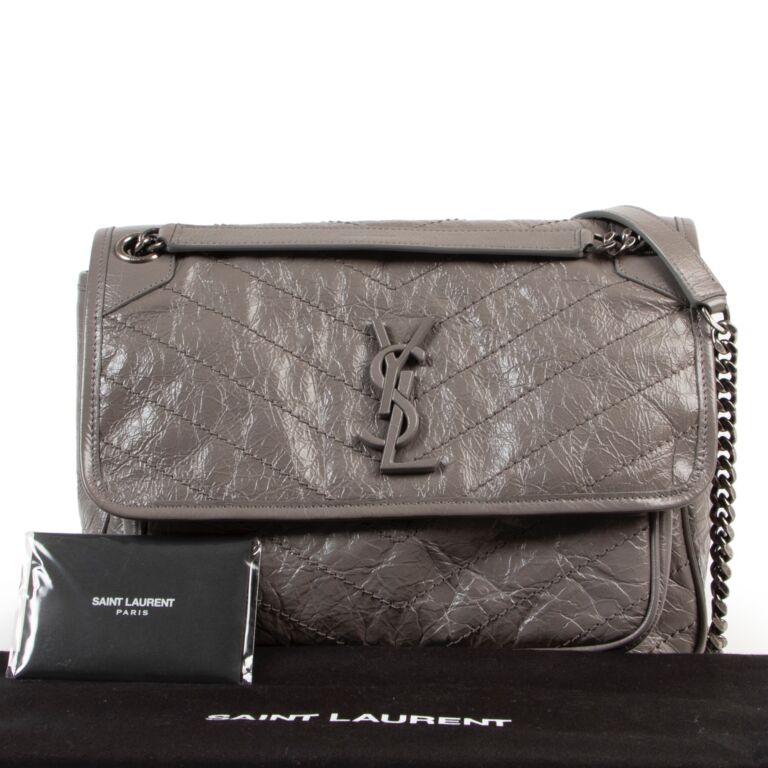 Saint Laurent Grey Crinkled Leather Niki Medium Crossbody Bag