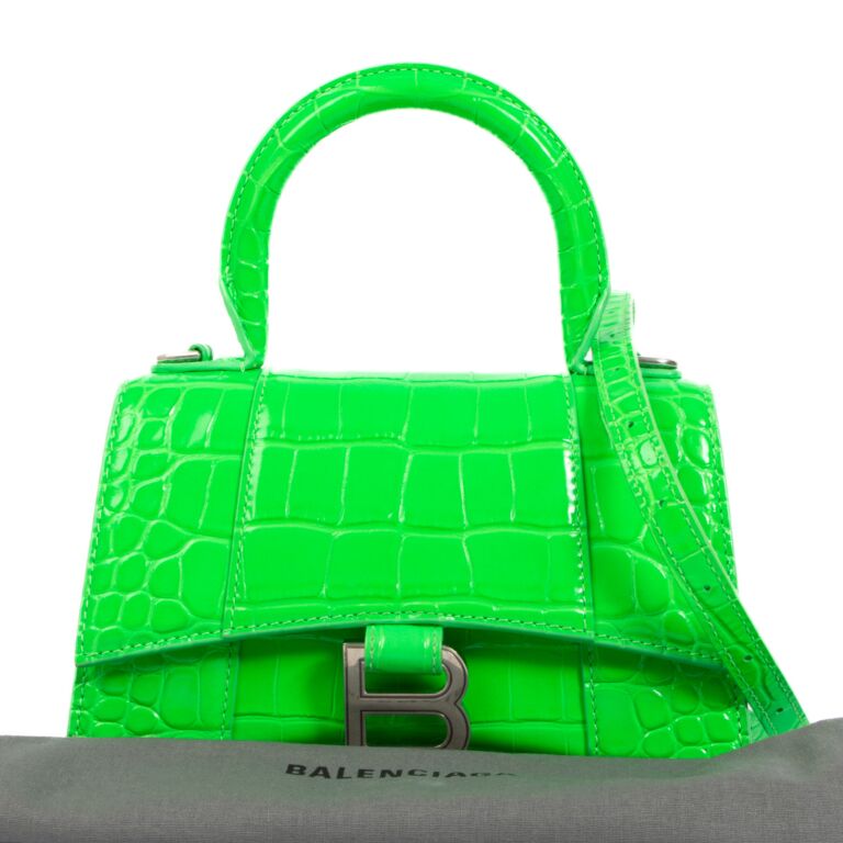 Balenciaga Neon Green Crocodile Embossed Hourglass XS Shoulder Bag