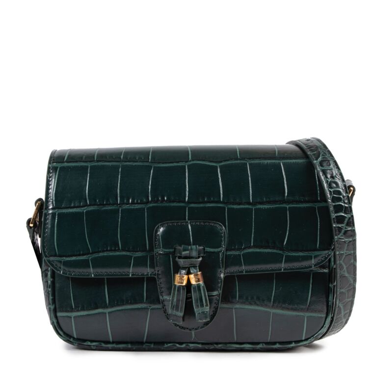 Celine Green Crocodile Embossed Medium Tassel Bag Labellov Buy and Sell Authentic Luxury
