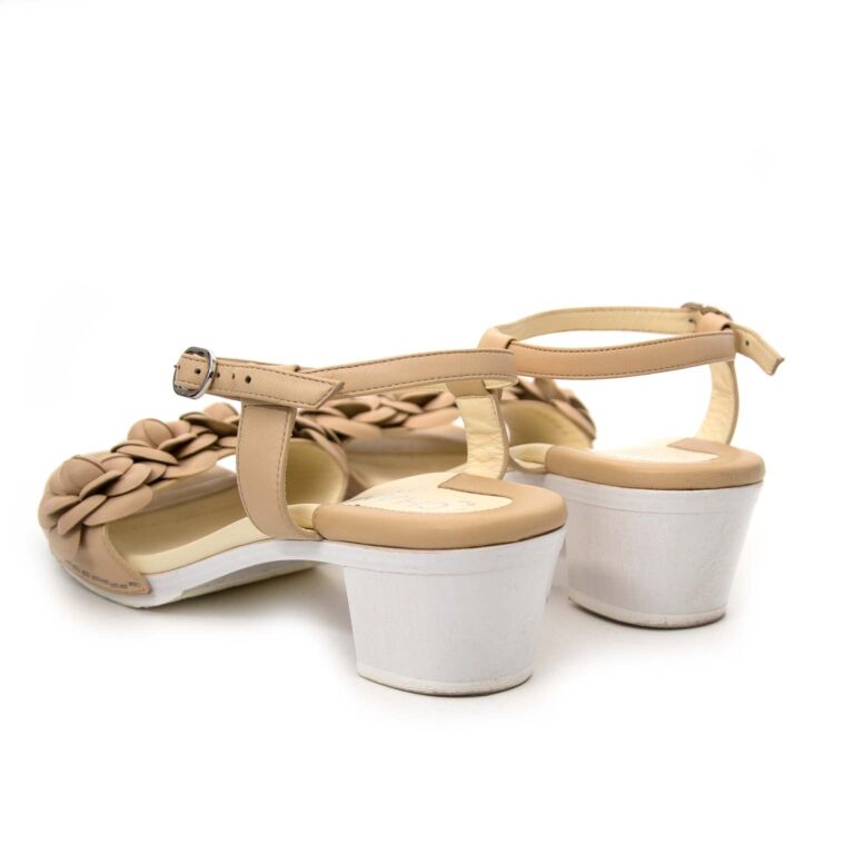 Chanel Beige Leather Camellia Flower Sandals - Size 39