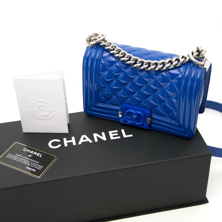 Chanel Blue Quilted Patent Leather New Medium Plexiglass Boy Bag