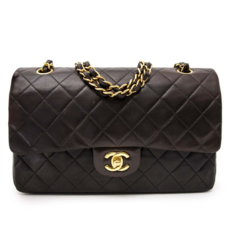 Large classic handbag, Grained calfskin & gold-tone metal, black — Fashion