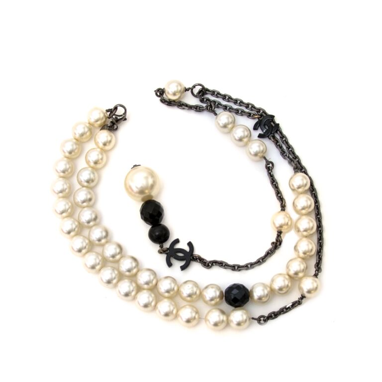 Chanel Long Faux Pearl and Resin Logo Necklace - Ann's Fabulous