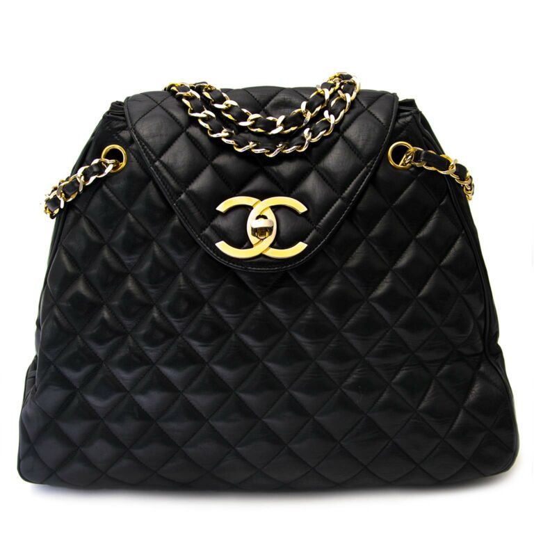 CHANEL Vintage Black Quilted Patent Leather Square Flap Bag XL Gold Logo CC  HW