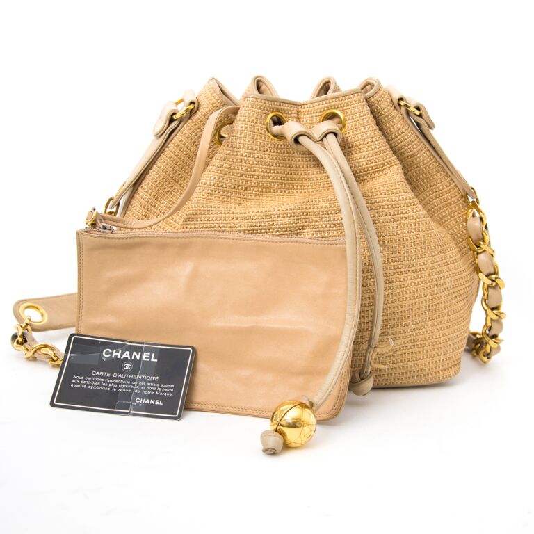 Chanel Vintage Raffia & Beige Leather Bucket Bag ○ Labellov