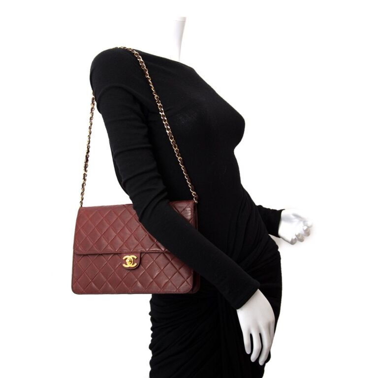Small flap bag, Patent calfskin & gold-tone metal, burgundy — Fashion