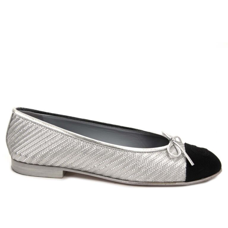 Chanel Silver Cap-Toe Ballerinas - Size 37 ○ Labellov