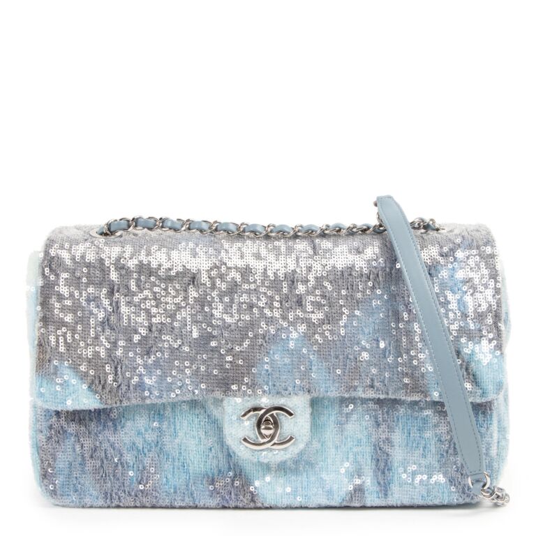 A RUNWAY BLUE WATERFALL SEQUIN JUMBO SINGLE FLAP BAG WITH SILVER HARDWARE,  CHANEL, SPRING/SUMMER 2018