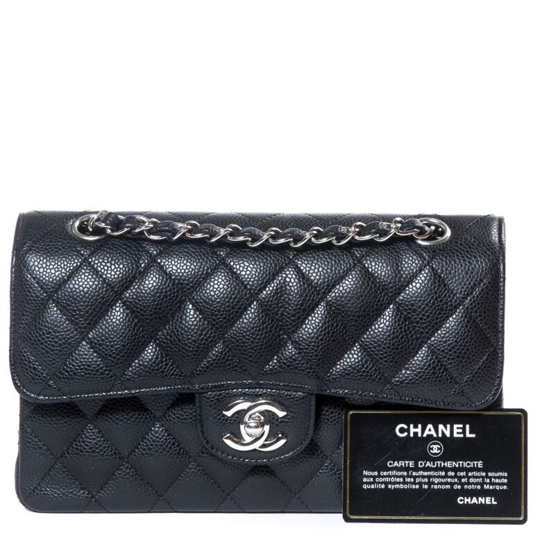 Chanel Classic Double Flap Quilted Caviar Silver-tone Small Black