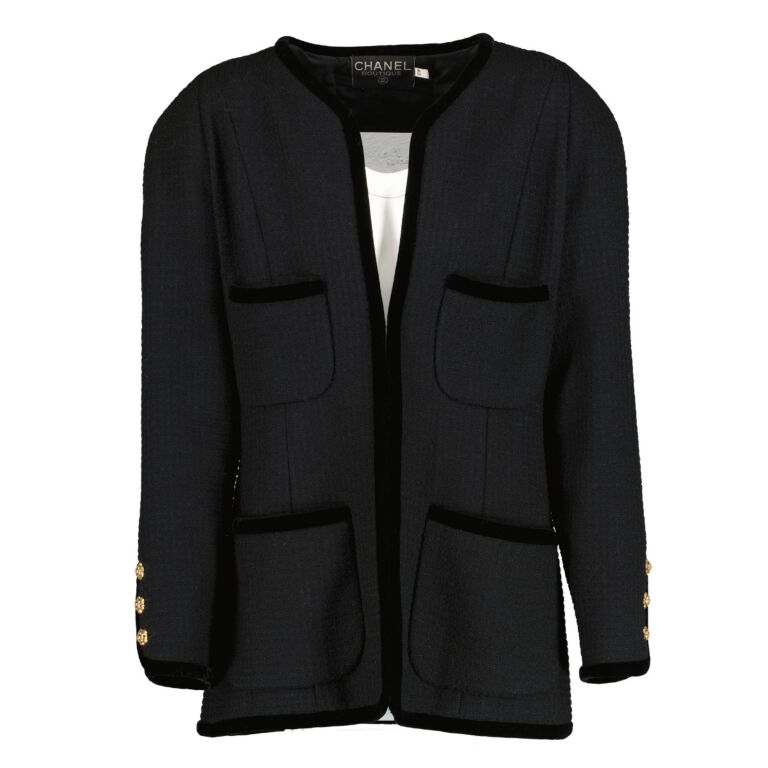 Chanel Black Velvet Trim Tweed Jacket - Size FR40