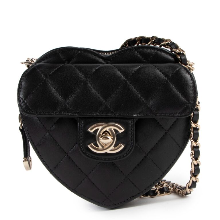 Chanel Spring Summer 2022 Black Lambskin Heart Clutch With Chain