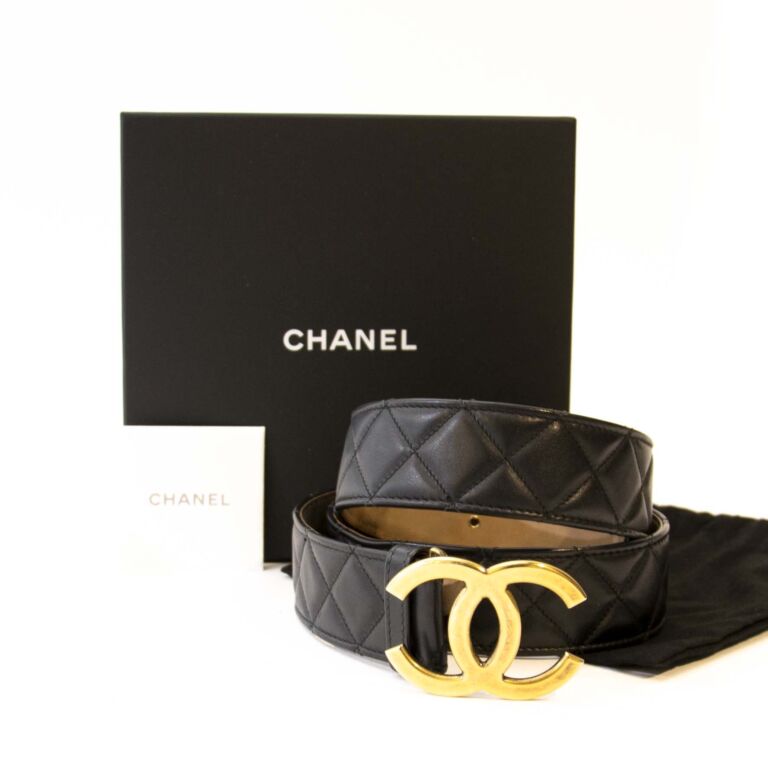 Chanel Belt Thin, Black Leather with Logo, Size 85, Preowned in Box WA001