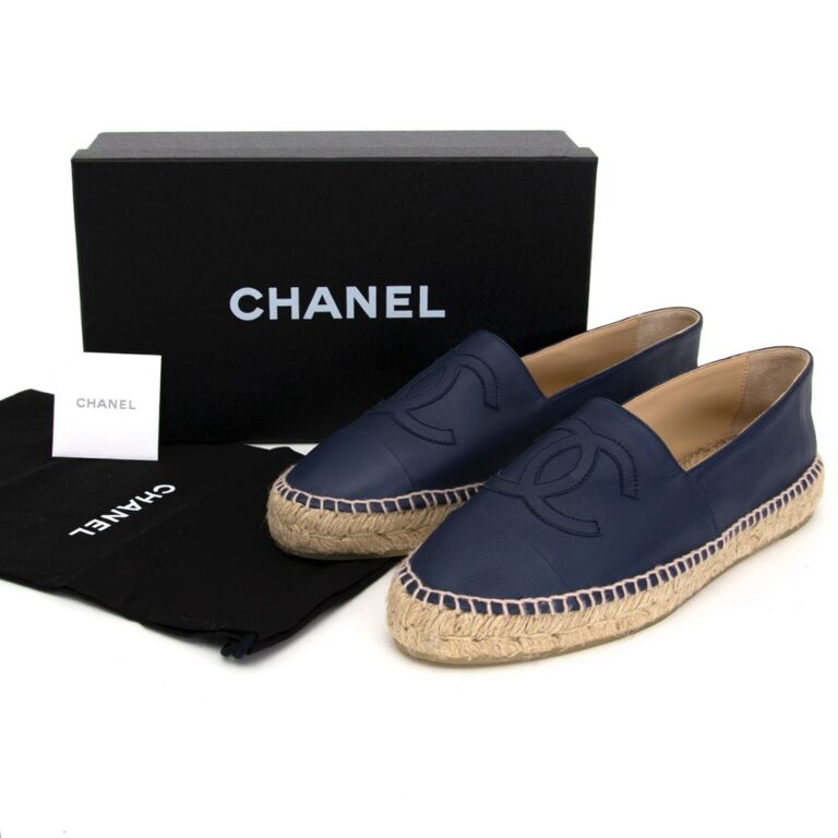 Chanel Brand New Blue Black Leather Quilted Espadrilles Flats - LAR Vintage