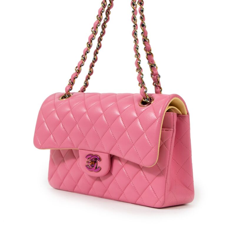 Chanel Classic Small, Pink Lambskin with Rainbow Hardware, Preowned in Box  WA001 - Julia Rose Boston