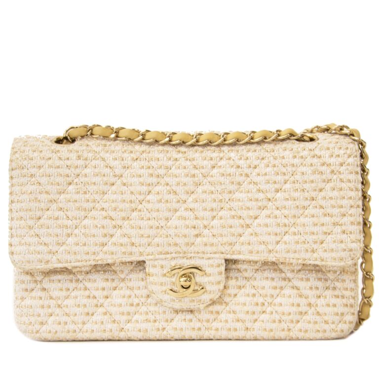Chanel Medium Classic Double Flap Tweed Shoulder Bag in White