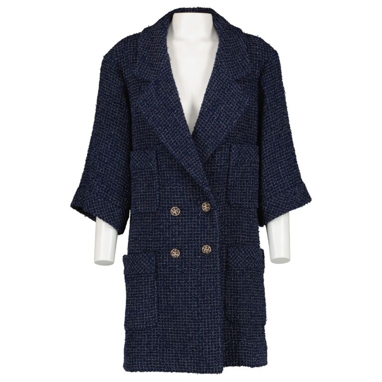 Chanel Spring Summer 2022 Blue Cotton Tweed Coat Size 36 FR