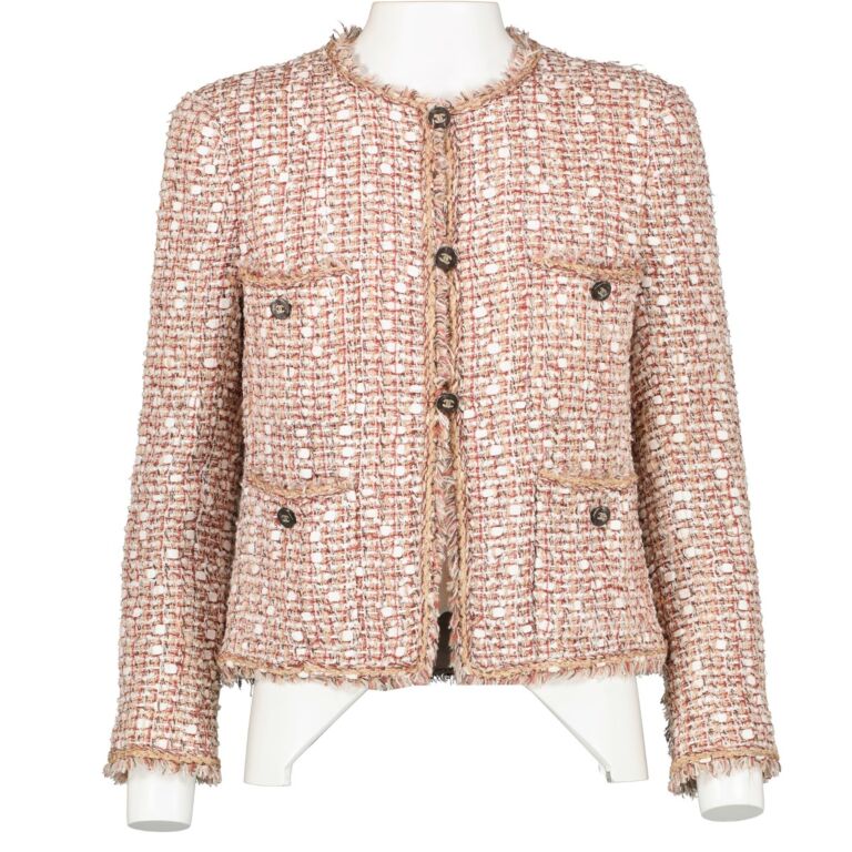 Chanel Spring 2006 Pink Tweed Fringed Metallic Classic Jacket - Size ...