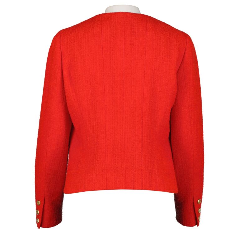 CHANEL Red Tweed 'CHANEL' Black Logo Blazer Jacket For Sale at 1stDibs