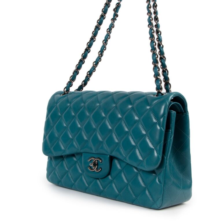 Chanel Blue Quilted Patent Leather Classic Jumbo Double Flap Bag