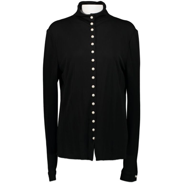 Chanel Black Long Sleeve Blouse Pearl Embellished Button Detail