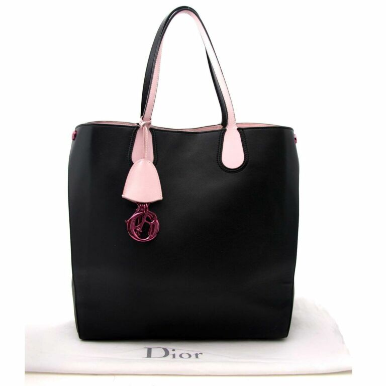 Dior Black Pink Leather Logo Charm Addict Vertical Tote Bag Labellov Buy and Sell Authentic Luxury