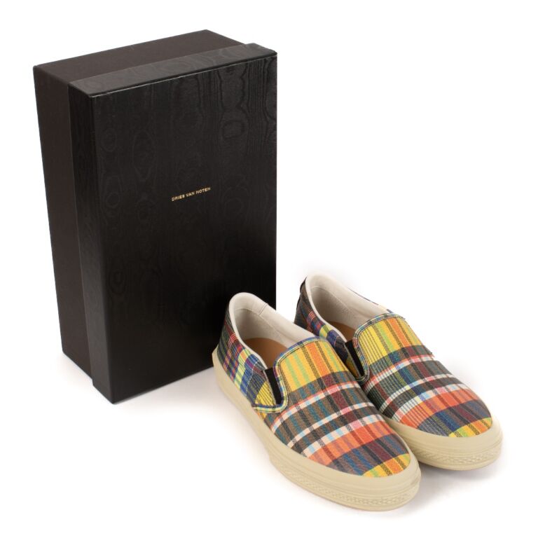 Dries Van Noten Madras-Plaid Leather Slip-On Sneakers - Size