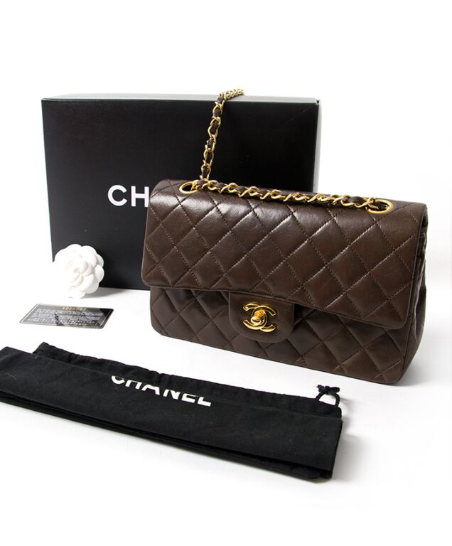 Vintage Chanel dark brown small classic flap bag Leather ref