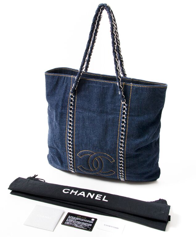 Chanel Shopping Vintage 90s Jean Striped Mini Blue and White Denim Tote