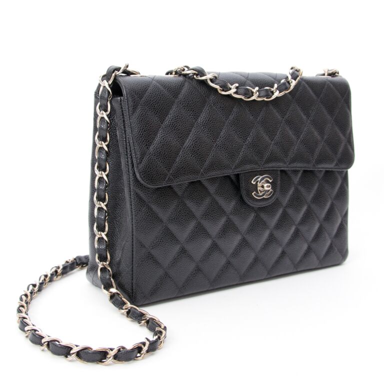 CHANEL Classic Black Quilted Caviar SHW Silver Chain Jumbo Large Flap Bag