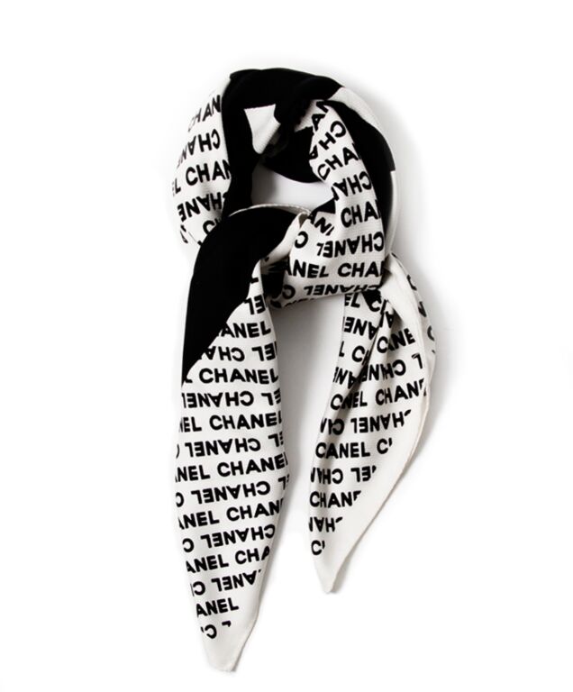 CHANEL Silk CC Logo Stripe Scarf Black White 609326