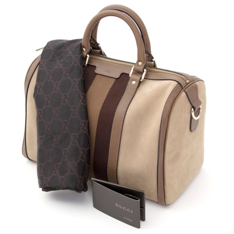 Gucci Web Original Logo Boston Bag Brown Beige