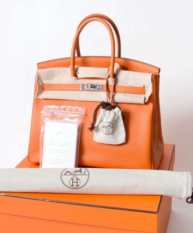 Hermès Birkin 35 aus Togo Leder mit Gelbgold Beschlägen in Orange