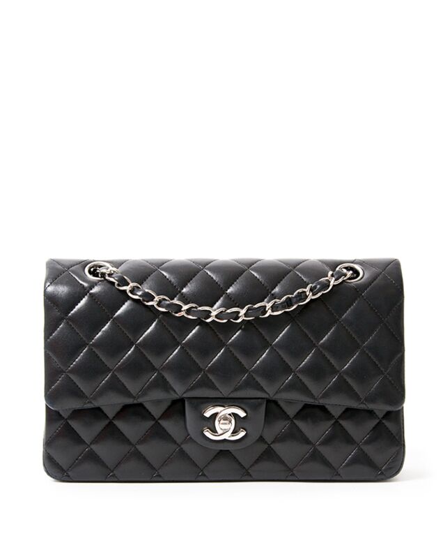 Chanel Classic Flap Bag Medium Black Lambskin Silver  Preloved  Lilac Blue