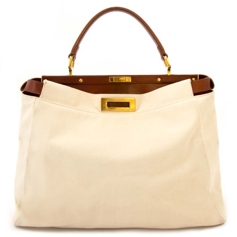 Fendi Cream/Tan Canvas and Leather Large Peekaboo Top Handle Bag