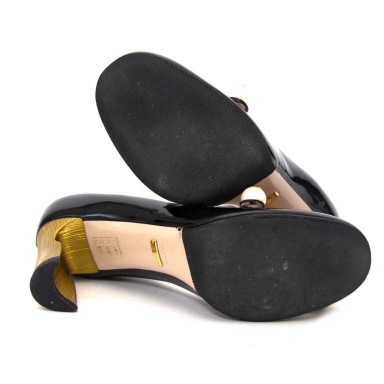 Gucci Black Patent Leather Gold Tone High Heel Mary Jane