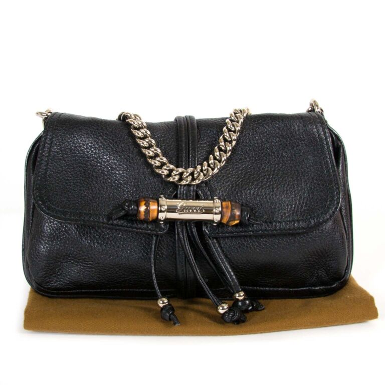 Gucci Black Leather Croisette Bamboo Evening Bag 