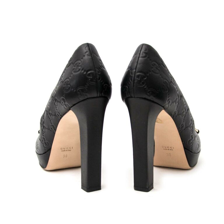 Gucci Horsebit Logo Embossed Peep-Toe Pump - size 38 Gucci Horsebit Logo Embossed Peep-Toe Pump - size 38