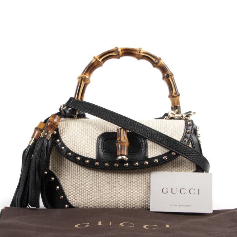 Gucci Straw Studded Leather New Bamboo Top Handle Bag Labellov