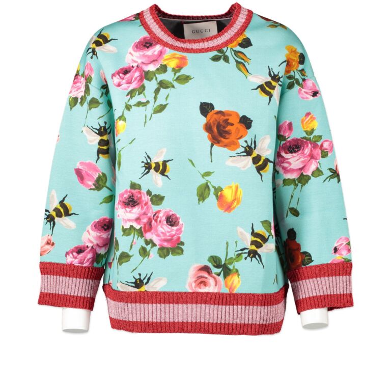 Gucci Blue Neoprene Bees Roses Web Sweater size S Labellov Buy and Sell Authentic Luxury